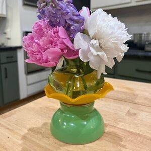 Green and Yellow Glass and ceramic artist stacked china bud vase